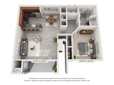 Floor plan for 1 bed, 1 bath, 870 sqft